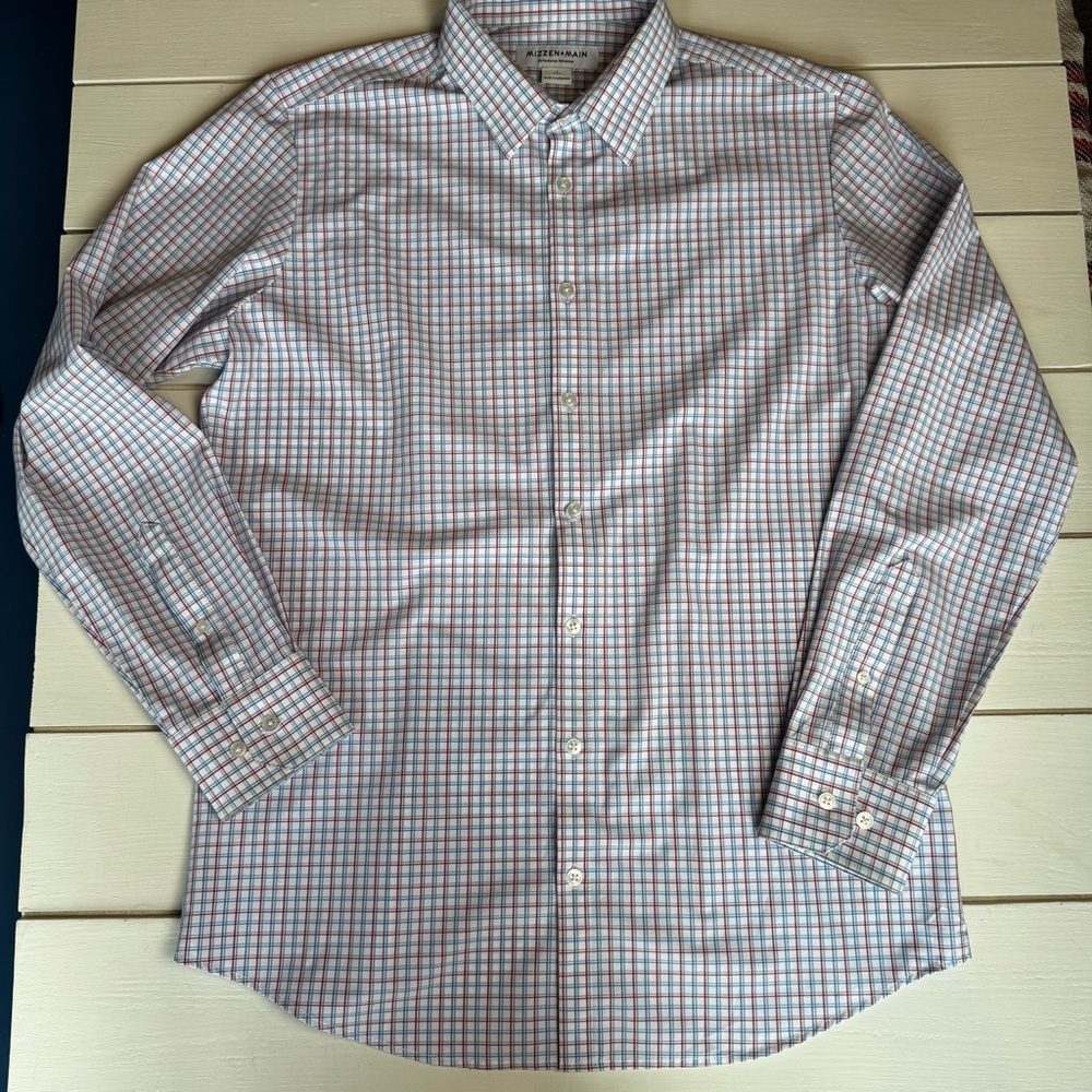 MIZZEN + MAIN Men’s Long-Sleeve Blue and Red Plaid Performance Dress Shirt